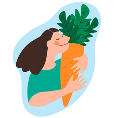 Happy woman holding giant carrot. Humorous vector illustration in trendy flat style. Harvesting, fresh vegetables delivery, agritourism concepts