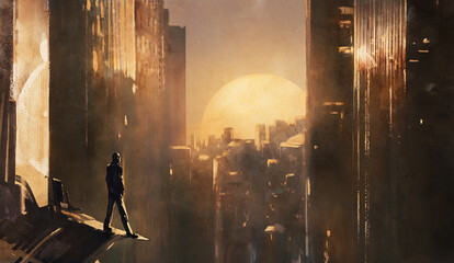 Fototapeta na wymiar Fantastic illustration with sunset. futuristic man standing on the roof of skyscraper and looks at the cyberpunk city from above. Urban landscape
