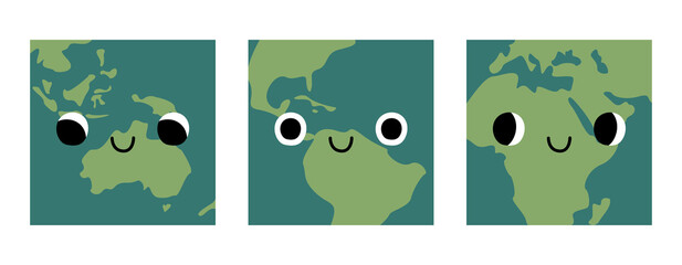 Obraz premium Cute planet Earth character with smiling face. Kawaii globe. Funny celestial body. Happy Earth Day, Earth Hour, environment safety celebration. Vector flat cartoon illustration