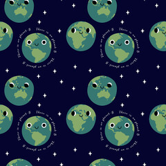 Obraz premium Seamless pattern with cute planet Earth characters with smiling face. Kawaii globe. Funny celestial body. Hands hold our planet. Happy Earth Day, Earth Hour. Vector flat cartoon illustration