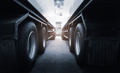 Two Semi Truck Trailer Parking at Evening Sky. Industry Cargo Freight Truck Transportation.