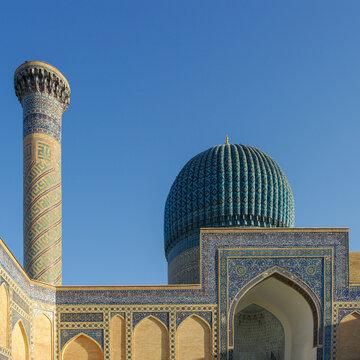 Detail View Of Landmark Gur E Amir, The Mausoleum Of Timur Or Tamerlane In UNESCO Listed Samarkand, Uzbekistan