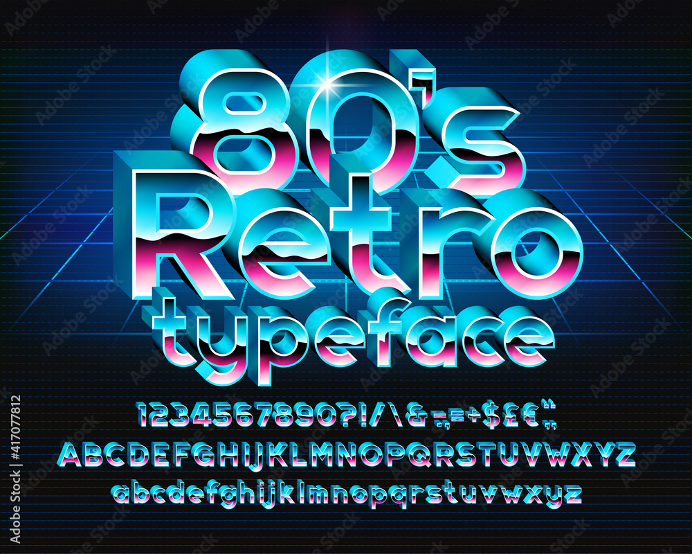 Poster 80s retro alphabet font. 3d letters, numbers and punctuations in 80s style. uppercase and lowercase.