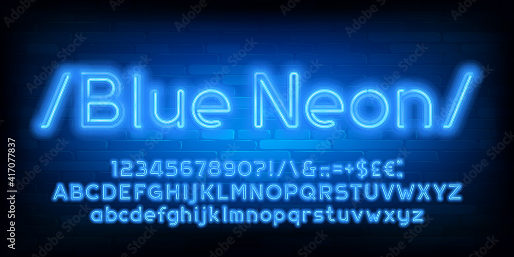 Fototapete blue neon alphabet font. neon light letters, numbers and punctuation. uppercase and lowercase. stock