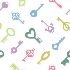 Flat keys seamless pattern. Vector color illustration. Creative pictograms set. Hearts, flowers , ornament elements