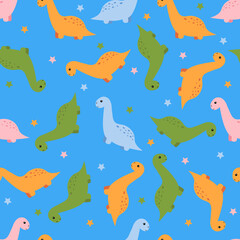 Seamless pattern with cute kawaii dinosaur. Vector illustration.	