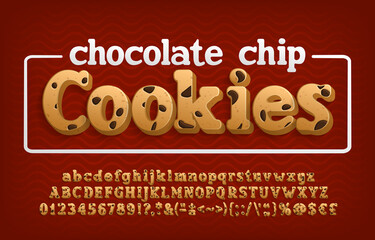 Chocolate Chip Cookies alphabet font. Cartoon letters, numbers and punctuation. Uppercase and lowercase. Stock vector illustration for your typography design.
