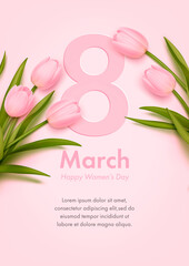 Banner for the international women's day with realistic pink tulips. Poster, flyer or greeting card design template. Vector illustration