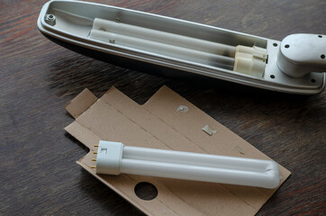 A table lamp, an old and a new compact fluorescent lamp lie on a brown wooden table.