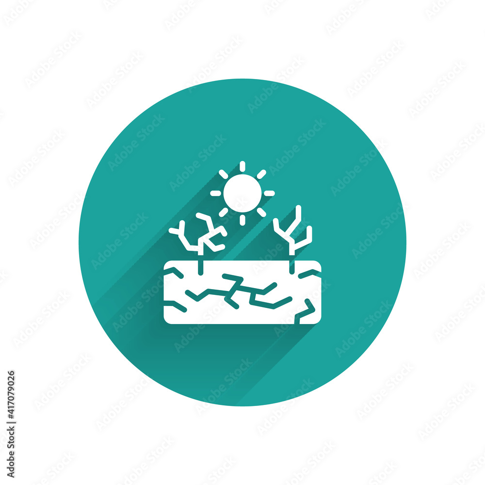 Poster white drought icon isolated with long shadow. green circle button. vector.