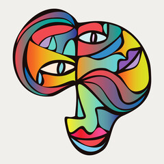 Abstract design of surreal face portrait. Hand-drawn face with a hint of cubism in funky colors. Concept art can be used for fashion, beauty treatment, health, non-gender, and mental wellbeing.