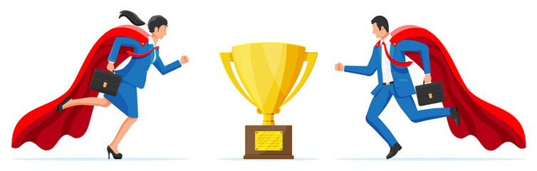 Business competition concept. Businesswoman and businessman competing to get gold trophy. Rivalry between business people in superhero cloaks. Achievement, goal or success. Flat vector illustration © absent84