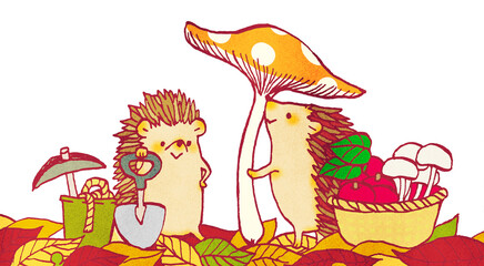 秋のハリネズミのイラスト