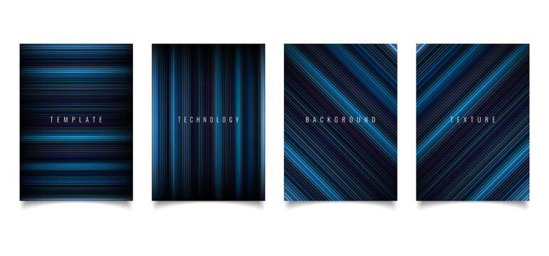Set of brochure template abstract technology style blue light lines texture on dark background