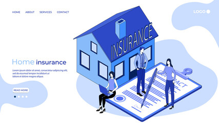 Home insurance.A residential building next to a paper contract.The concept of housing security.3d image.Isometric vector illustration.The landing page template.