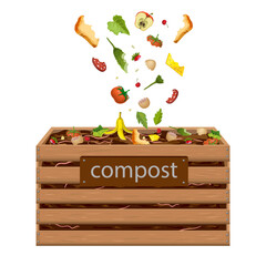 wooden compost box, bin with food waste illustration. garden composter for organic recycling of kitchen, natural household garbage. composted fertile soil, earth worms and biodegradable trash.