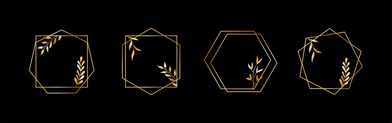 Golden geometric vector frames with leaves. Thin line haxagon borders for luxury premium design