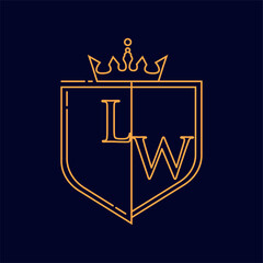 LW initial logotype, colored orange with emblem and crown, line art and classic design, isolated on dark background.