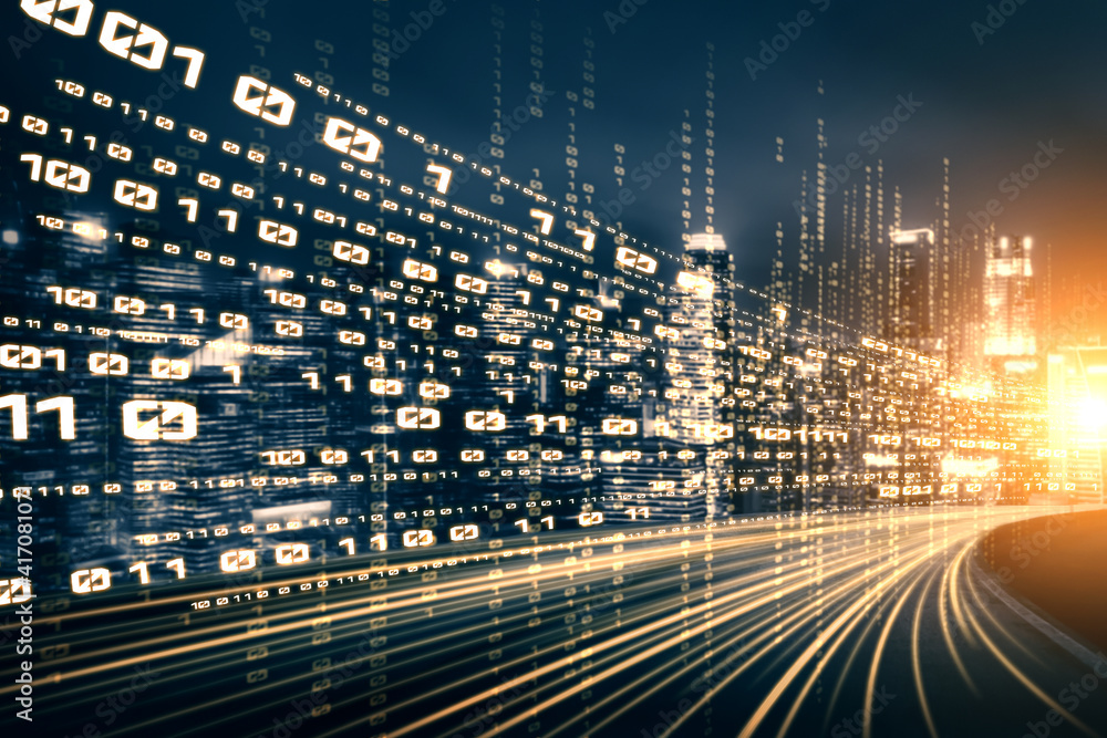 Poster digital data flow on road with motion blur to create vision of fast speed transfer . concept of futu