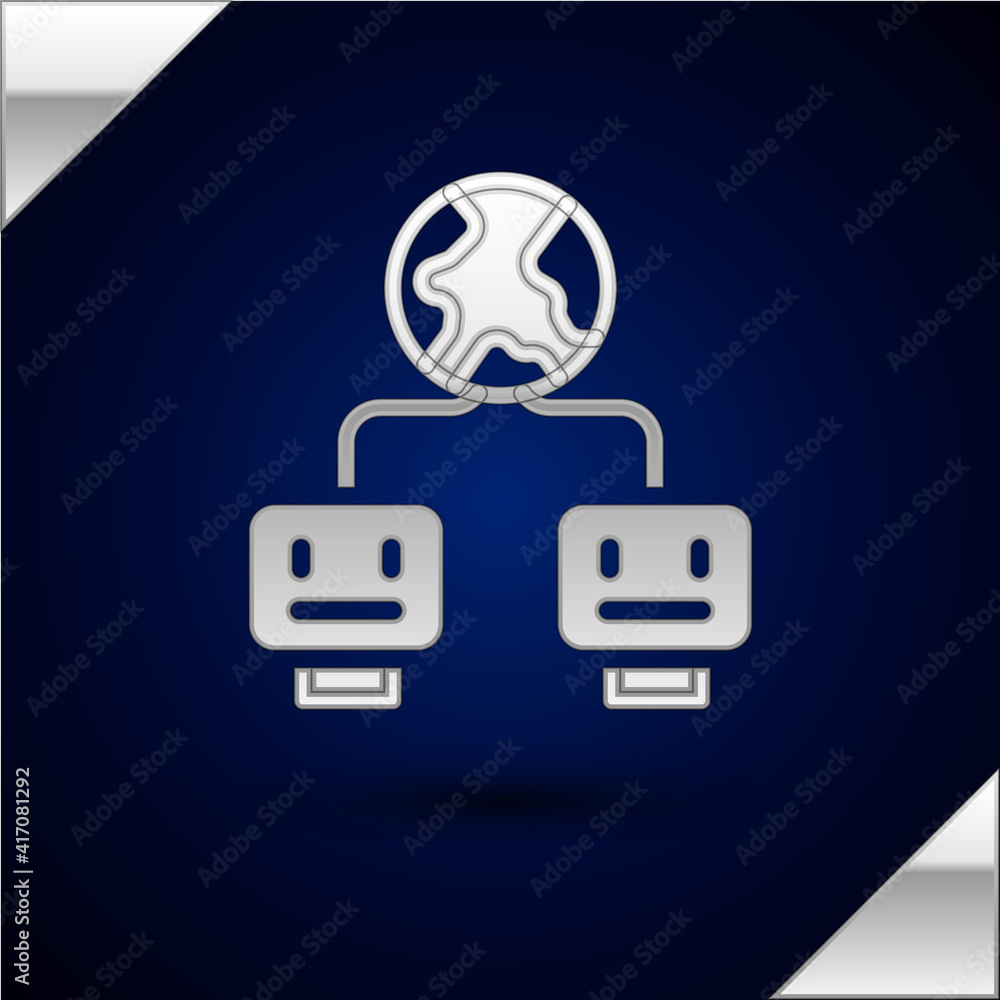 Poster Silver Artificial intelligence icon isolated on dark blue background. Machine learning, cloud computing, automated support assistance and networks. Vector.