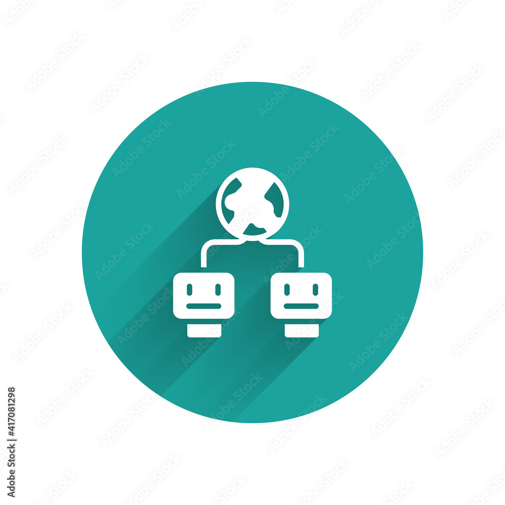 Poster White Artificial intelligence icon isolated with long shadow. Machine learning, cloud computing, automated support assistance and networks. Green circle button. Vector.
