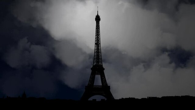 Paris Skyline with Eiffel Tower, Time Lapse By Night with Crescent Moon and Clouds , France