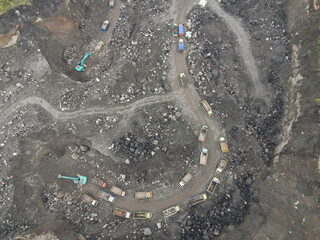 Aerial top view of sand and stone mine in merapi mountain Indonesia.