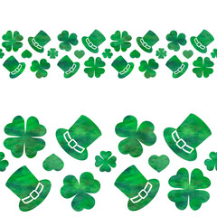 Watercolor green hats, clover leaves, hearts on white background. Seamless horizontal border. Isolated on white. Watercolor stock illustration. St.Patrick's day.
