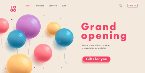 Fotobehang grand opening web banner for shopping mall website home page with multicolored transparent round balloons and button gifts for you © marynaionova