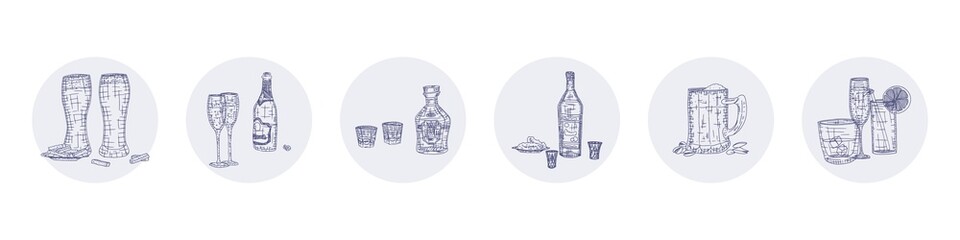 alcoholic drinks in glasses and bottles drawings