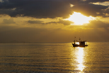 ship in the sea ,Fishing boats at sunset, Bang Lamung, Chon Buri, Thailand