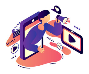 Internet blogger activity illustration. A man shouts into a megaphone from the phone screen. Abstract background with various icons. Vector, isometry.