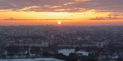 Minsk roofs of houses at sunset