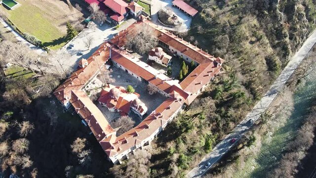 Aerial view of Medieval Bachkovo Monastery Dormition of the Mother of God, Bulgaria