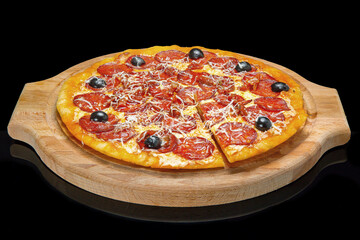 pizza on a wooden tray, black glass.