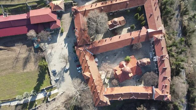 Aerial view of Medieval Bachkovo Monastery Dormition of the Mother of God, Bulgaria