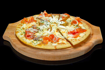 pizza on a wooden tray, black glass.