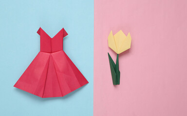 Origami paper red dress with tulip on blue pink background