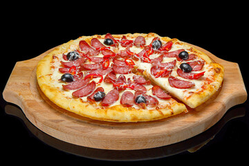 pizza on a wooden tray, black glass.