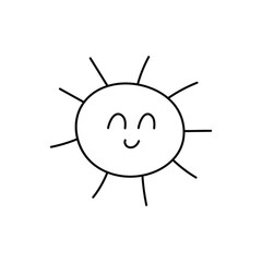 doodle with a cheerful sun. Linear vector illustration of a star with a smile. hand drawn style symbols and objects . simple, black drawing for sticker, decor, postcard, icon, coloring page, logo