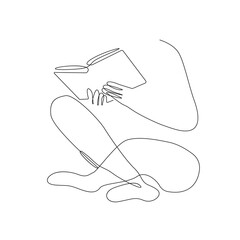 Woman Reading Continuous Line Drawing. Girl Reading One Line Drawing. Woman with Book Abstract Minimalist Illustration. Vector EPS 10.	