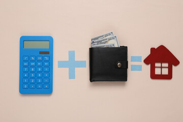 Home purchase concept. Equation with calculator, wallet and house on beige background