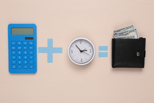 Time is money. Equation with calculator, clock and wallet on beige background