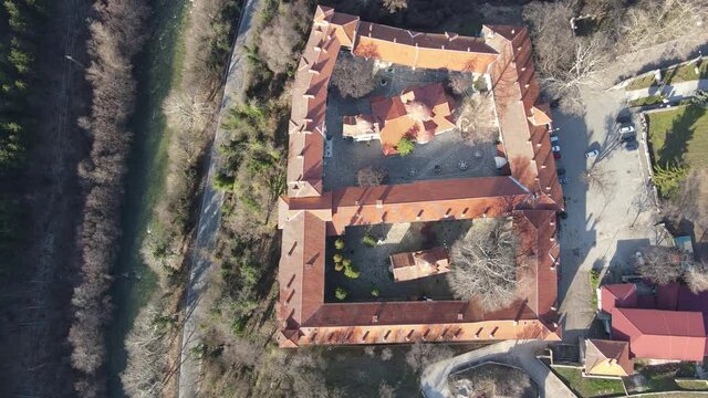 Aerial view of Medieval Bachkovo Monastery Dormition of the Mother of God, Bulgaria