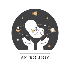 Astrology logo.The silhouette of a baby on the background of the starry sky. Vector illustration.