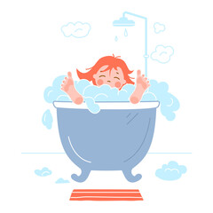 Red-haired little girl takes a bubble bath. The style of the cartoon. Vector isolated on a white background.