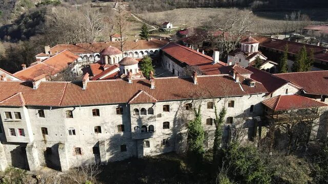 Aerial view of Medieval Bachkovo Monastery Dormition of the Mother of God, Bulgaria