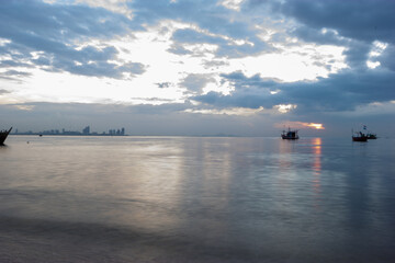 boat on the sea , Fishing boats at sunset, Bang Lamung, Chon Buri, Thailand