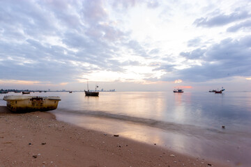 boat on the beach , Fishing boats at sunset, Bang Lamung, Chon Buri, Thailand