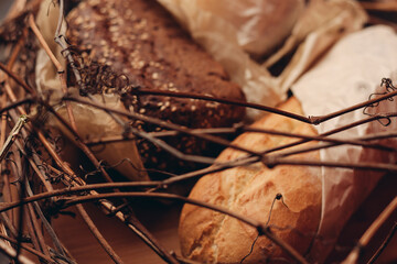flour product loaf of bread baked goods on the branches of the nest close-up